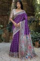 Tussar soie violet sari en imprimé