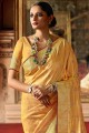 sari jaune des indes du sud en soie avec tissage