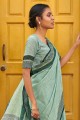 sari en lin vert d'eau avec tissage