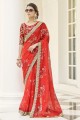 sari rouge en soie d'art avec zari, brodé, imprimé