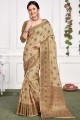 sari beige en coton avec tissage
