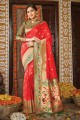banarasi soie banarasi sari en rouge avec zari