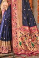 zari banarasi soie bleu marine banarasi sari avec chemisier