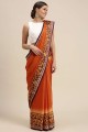 sari en soie orange avec imprimé