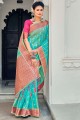 tissage, sari bleu en organza à impression numérique avec chemisier