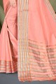 sari en coton et soie couleur pêche avec tissage