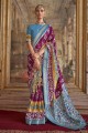 Patola sari en soie couleur vin avec miroir, imprimé, bordure en dentelle