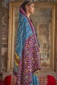 sari bleu avec miroir, imprimé, bordure en dentelle soie patola