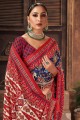sari en soie patola bleue avec bordure en dentelle imprimée