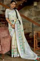 sari en lin avec resham, broderie, bordure en dentelle en blanc cassé