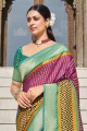 sari violet en soie patola avec imprimé, tissage, bordure en dentelle