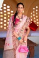 imprimé rose, tissage, sari de soie à bordure en dentelle