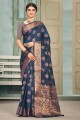 zari,tissage de sari bleu en coton avec chemisier