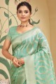 Saris en organza turquoise avec zari,tissage