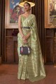 sari en lin avec tissage en vert