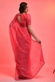 sari rose avec mousseline brodée et imprimée