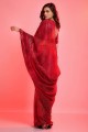 sari en mousseline de soie rouge avec brodé, imprimé