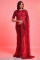 sari en mousseline de soie rouge avec brodé, imprimé