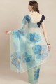 Saris bleu ciel imprimé coton avec chemisier