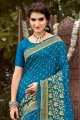sari bleu royal en soie imprimée avec chemisier