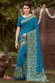 sari bleu royal en soie imprimée avec chemisier