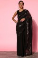 sari noir en soie d'art brodé avec chemisier