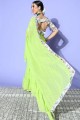 sari vert soie d'art à la main, imprimé
