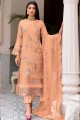Costume pakistanais brodé orange en fausse georgette