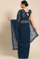 Bleu net party wear sari avec pierre, brodé