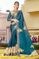 satin georgette sari turquoise de couleur bleue