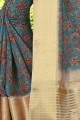 sari en lin et soie bleu foncé