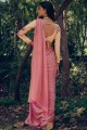 sari en soie avec bordure en dentelle rose