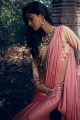 sari en soie avec bordure en dentelle rose