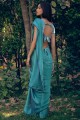 sari en soie art avec bordure en dentelle bleu sarcelle