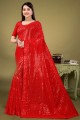 Georgette Party Wear Saris en rouge avec paillettes