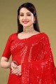Georgette Party Wear Saris en rouge avec paillettes