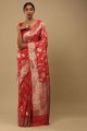 Banarasi Silk Party Wear Saree en rose avec zari, tissage, bordure en dentelle