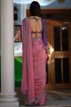 Saris en soie d’art magenta avec tissage, bordure de dentelle
