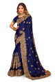 zari bleu marine, brodé, sari de mariage à bordure en dentelle en satin