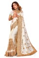 zari, brodé, sari de mariage en satin à bordure en dentelle en blanc cassé