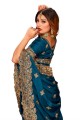 zari, brodé, sari de mariage morpeach en satin avec bordure en dentelle avec chemisier