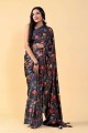 sari noir en soie à impression numérique avec chemisier