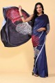 sari en soie imprimé numérique bleu royal