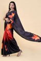 sari en soie orange, noire avec impression numérique