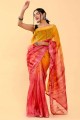 sari en coton orange, rose avec patch, fil, brodé