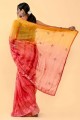 sari en coton orange, rose avec patch, fil, brodé