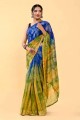 sari bleu,vert en coton avec patch,fil,brodé