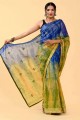 sari bleu,vert en coton avec patch,fil,brodé