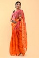 orange moutarde, patch rose, fil, sari en coton brodé