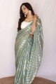 Sky Blue Party Wear Saris en filet avec imprimé
